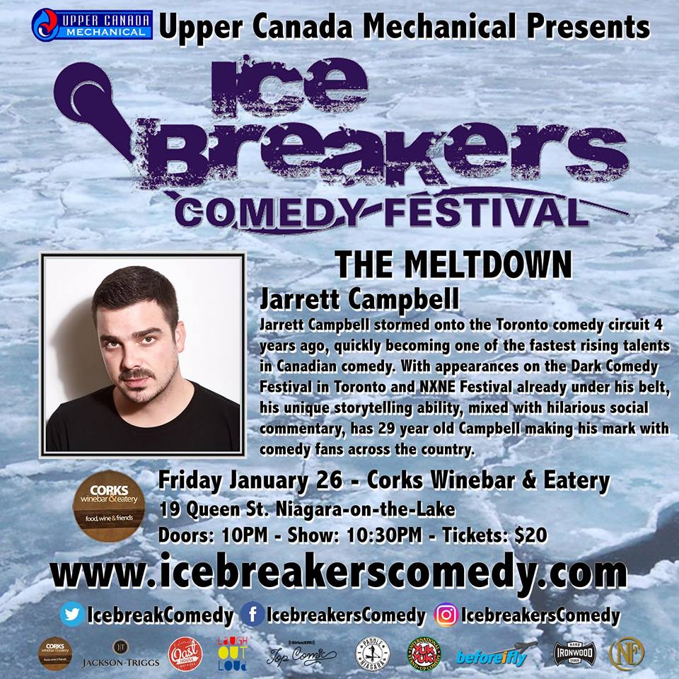 Today's <a href="/IcebreakComedy/">Icebreakers Comedy</a> Festival comic of the day is everyone's favourite degenerate, <a href="/jarrettcampbell/">Jarrett Campbell</a>!
Jarrett will be getting some things off his chest Friday January 26 at <a href="/CorksNiagara/">Corks Winebar&Eatery</a> for THE MELTDOWN.
icebreakerscomedy.com
Show presented by: uppercanadamechanical.com