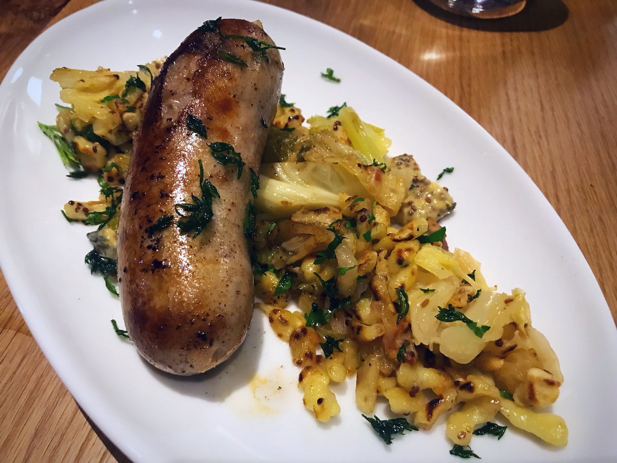 LauraHayesDC's tweet photo. The best thing on the menu @restaurantchloe: House Bavarian White Sausage with mustard spaetzli, savoy cabbage, and golden raisins. https://t.co/i5NbWmYCb2