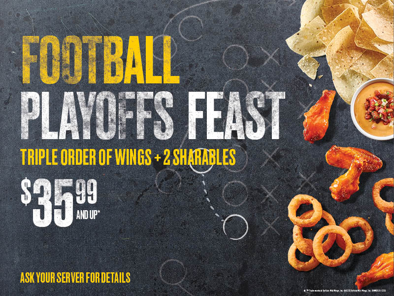Grab your buddies and feast on football at B-Dubs this weekend! Triple order of wings + 2 sharables starting at $35.99. #DivisionalRound #Playoffs See the menu:bit.ly/2COW0yA Valid at Canadian locations during playoff football games only