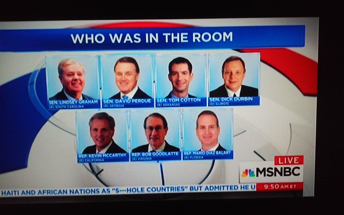 #FridayFeeling
#ShitholePresident 

Who was in the room when trump made his racist vile comments?

Lindsey Graham R SC
David Purdue R GA
Tom Cotton R AR
Dick Durbin D IL
Kevin McCarthy R CA
Bob Goodlatte R VA
Mario Diaz Balart R FL

Did any of the GOP reps speak against trump?