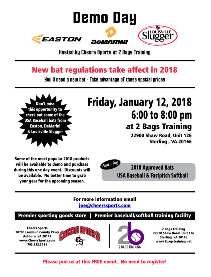 Cheers Sports (@cheerssports) on Twitter photo Easton, DeMarini, & Louisville Slugger Demo Day is Today!!!
Visit us at <a href="/2BagsTraining/">2BagsTraining</a> from 6pm to 8pm TONIGHT to let your ballplayer put their hands on a bat that's approved for little league play in the spring. View our exclusive demo day discounts at cheerssportsdemoday2018.itemorder.com/sale Easton, DeMarini, & Louisville Slugger Demo Day is Today!!!
Visit us at <a href="/2BagsTraining/">2BagsTraining</a> from 6pm to 8pm TONIGHT to let your ballplayer put their hands on a bat that's approved for little league play in the spring. View our exclusive demo day discounts at cheerssportsdemoday2018.itemorder.com/sale