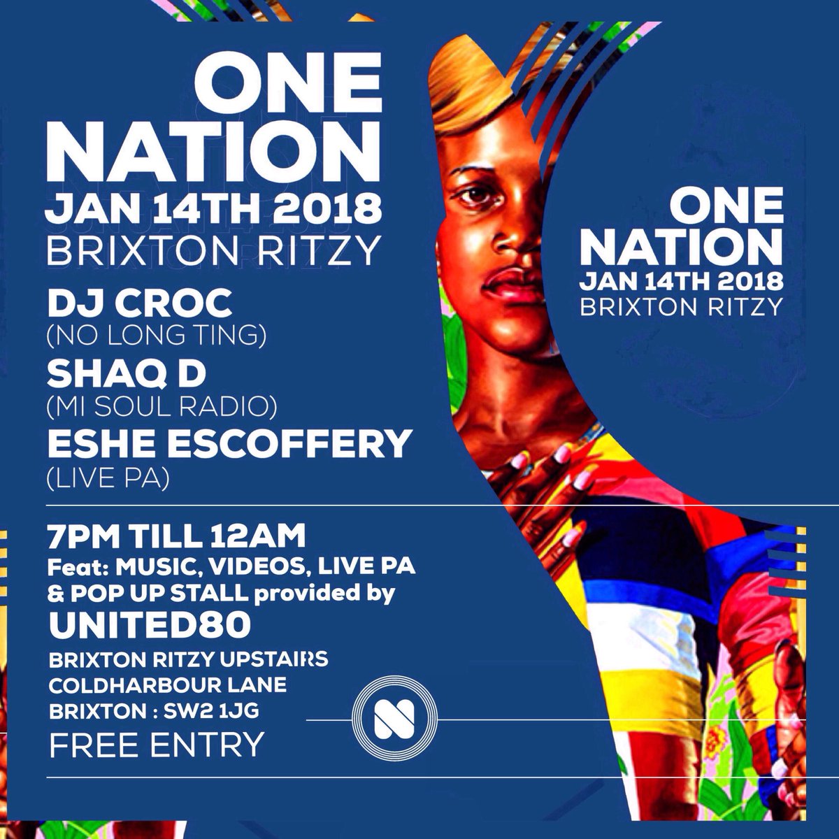 CrocPromotions's tweet photo. 2 days to go. @1NationUAG Jan 14 @UpstairsRitzy 7pm feat. live PA by @Qneshe7 guest @DJShaqD from @MiSoulTweets @ILiveRadio pop up stall by @United80Brixton videos by birthday boy @DJCrocUK Free entry #1nationuag #onenationuag #djcrocuk #brixton #music #videos #fashion #london RT https://t.co/8eBn7swEpT