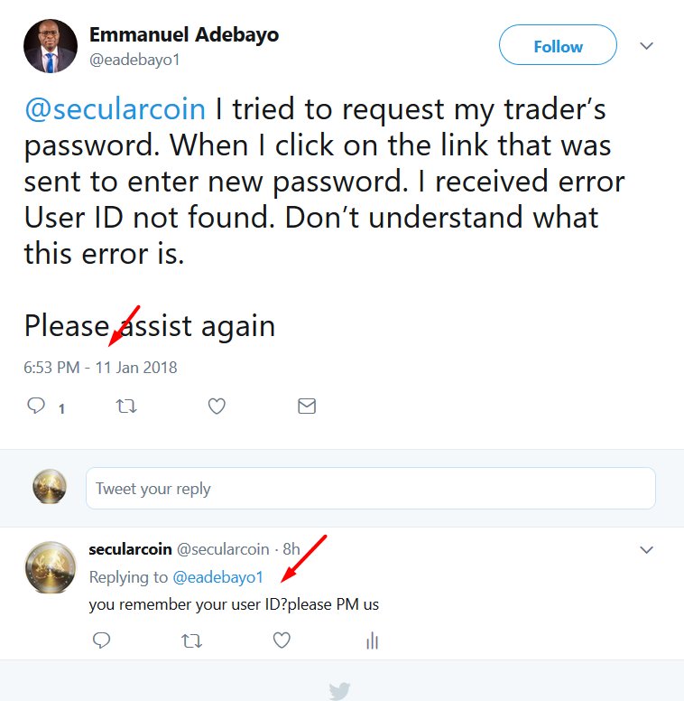 secularcoin's tweet photo. @eadebayo1 we always contact you to give us your user ID, we need your user id to solve the problem for you . please find the record below. we will not kick out anyone. we public all the support in the twitter and every one can see what we are doing. we are doing the same to you. https://t.co/Ix4DavCjAr