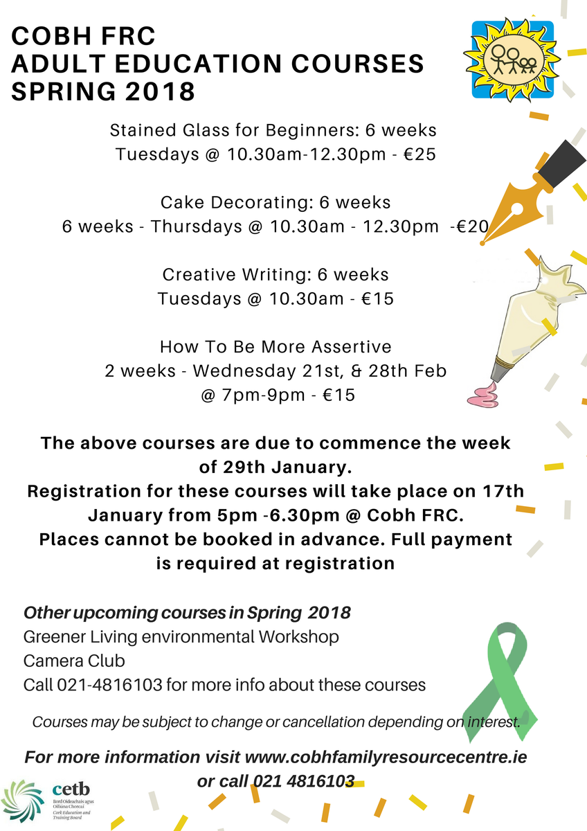 CobhFRC's tweet photo. Registration Wednesday 17th @5pm for #adulteducation courses #stainedglass #creativewriting #assertiveness #cakedecorating #cobh https://t.co/d6raJ5Z19Z