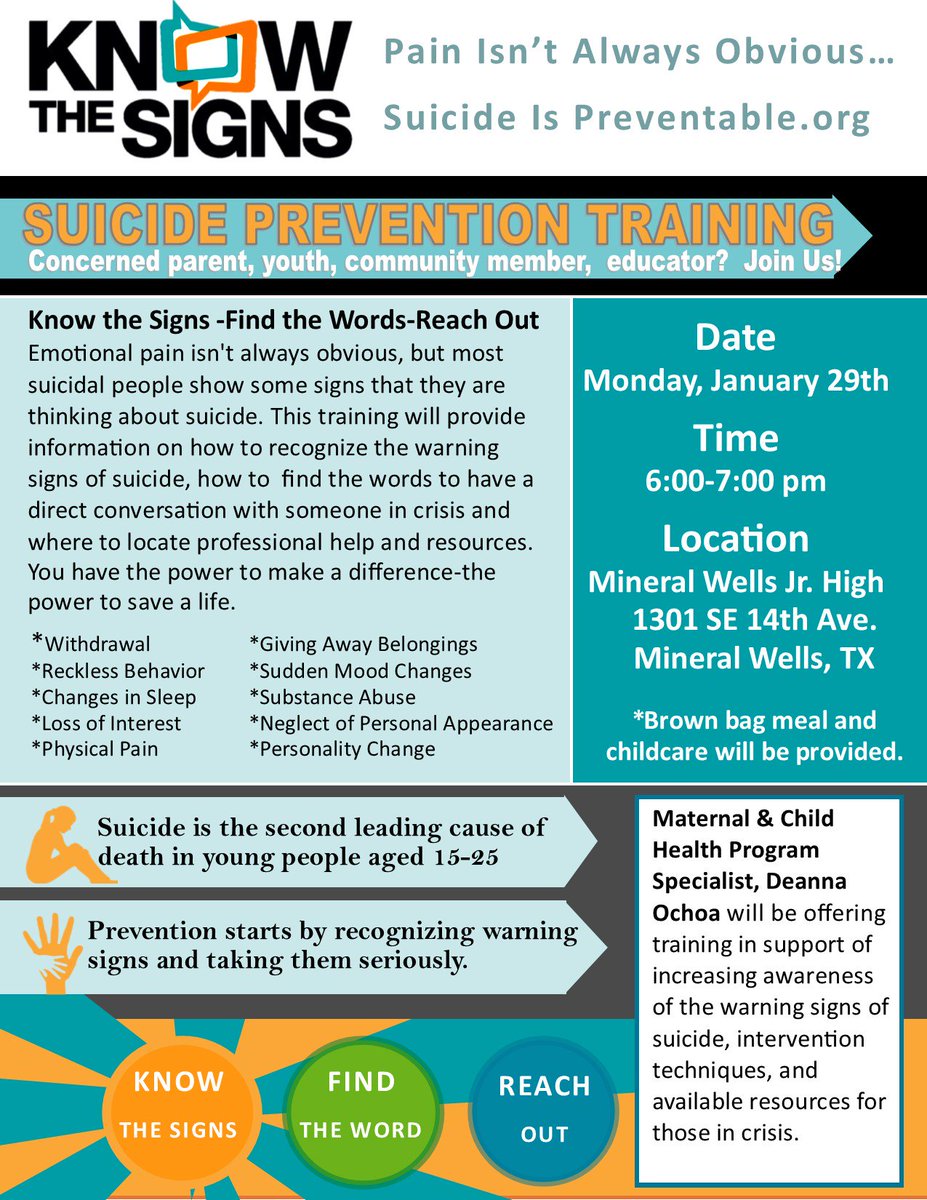 mwisdrams's tweet photo. MWISD will host a Suicide Prevention Training January 29 at the Junior High from 6:00 - 7:00 p.m. A brown bag meal and childcare will be provided. MWISD is a community partner for health and wellness for all of our students and citizens. #mwisdmatters https://t.co/8XQG59y5RJ