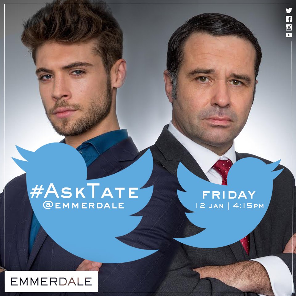 Emmerdale (@emmerdale) on Twitter photo TWITTER TAKEOVER! <a href="/NedPorteous/">Ned Porteous</a> and <a href="/andrewscarboro/">andrew scarborough</a> will be taking your questions at 4:15pm - get them ready! #AskTate TWITTER TAKEOVER! <a href="/NedPorteous/">Ned Porteous</a> and <a href="/andrewscarboro/">andrew scarborough</a> will be taking your questions at 4:15pm - get them ready! #AskTate