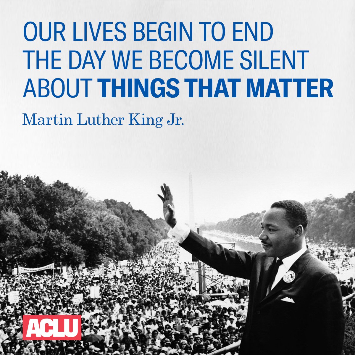 ACLU's tweet photo. We honor the life and legacy of Martin Luther King Jr. #MLKDay https://t.co/9TCmq3x8Ww