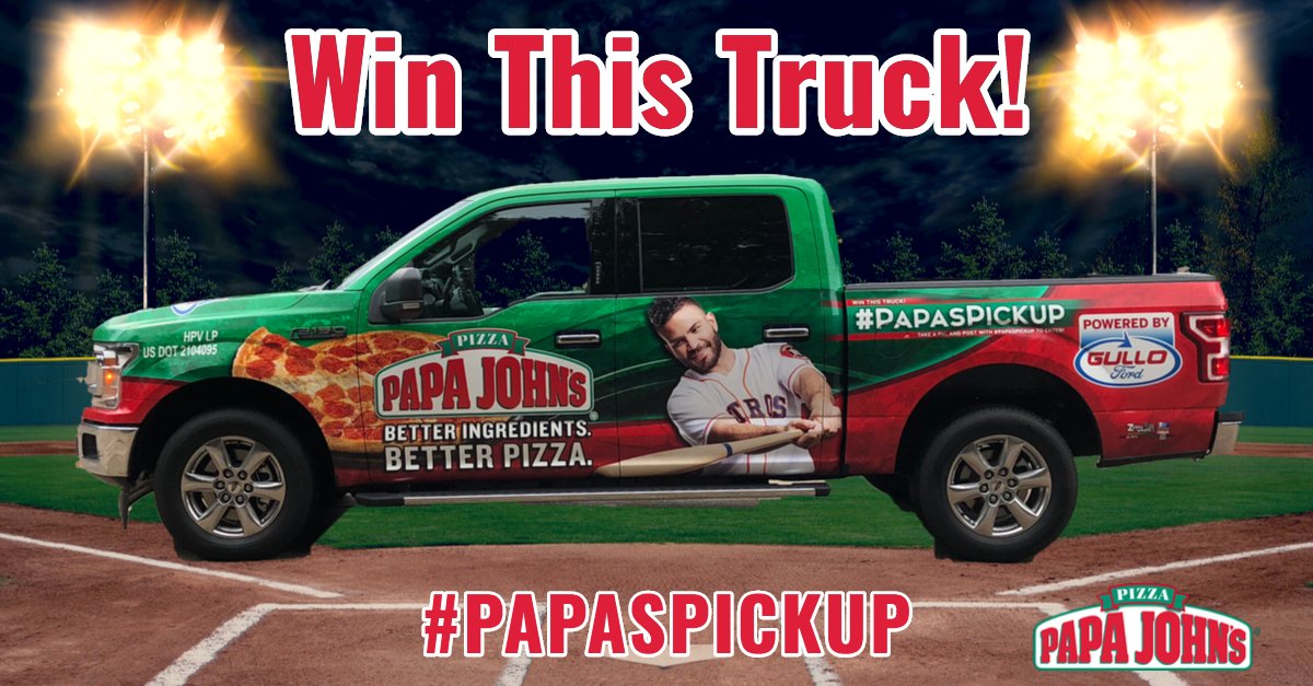 PapaJohnsHousTx's tweet photo. Want to win this truck?! It’s simple! Be on the lookout for the #papaspickup tomorrow at the Houston @Astros Fan Appreciation Day at @MinuteMaidParks. Powered by @GulloFord! Snap a selfie, share it and you could win! #papajohnshouston #gulloford #winthistruck https://t.co/BABmcNiKyV