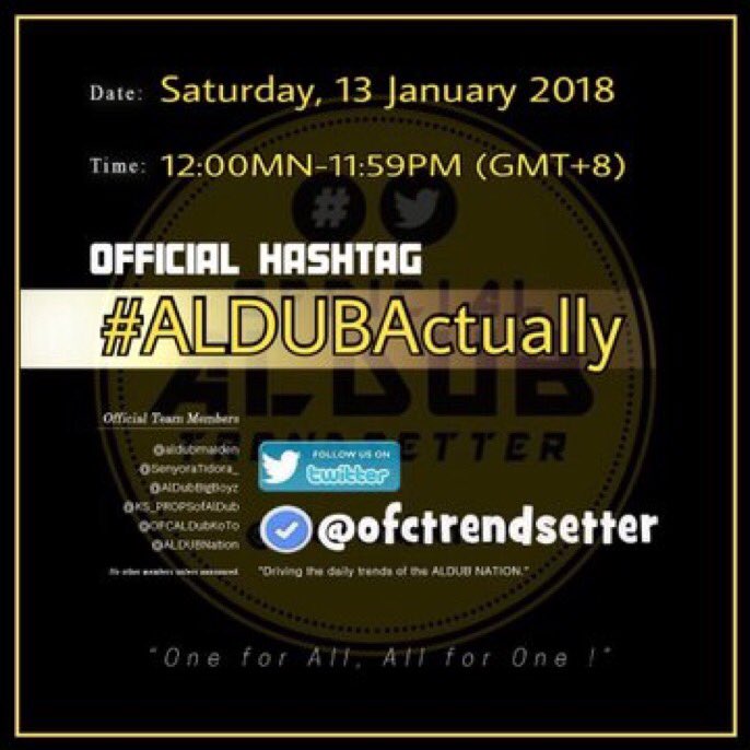 AMInatics OFC ᴬᴰᴺ (@aminaticsofc) on Twitter photo OUR OFFICIAL HASHTAG
👉 #ALDUBActually
👉 January 13,2018
👉 support and spread
👉 copy and paste
<a href="/ofctrendsetter/">TEAM OAT ᴬᴰᴺ</a> <a href="/ALDUBHashtagSQ/">ADN HASHTAG SQUAD</a> @OFCALDubKoTo <a href="/MaidenGraffix/">MAIDEN GRAFFIX SUPPORTS ALDUB</a> <a href="/ALDUBVISAYAS/">ALDUB TEAM VISAYAS</a> @KATHA_ADN <a href="/ALDUBNation/">ALDUBNation</a> <a href="/AlDubBigBoyz/">AlDubForTheBigBoyzᴬᴰᴺ</a> <a href="/AlDubBigGirlz/">AlDubForTheBigGirlz™ᴬᴰᴺ</a> <a href="/yodabuda/">YodaBuda</a> <a href="/ALDUB_GIJanes/">ALDUB_GIJanes</a> <a href="/AldubAbeth/">Follower of Crist Jesus</a> OUR OFFICIAL HASHTAG
👉 #ALDUBActually
👉 January 13,2018
👉 support and spread
👉 copy and paste
<a href="/ofctrendsetter/">TEAM OAT ᴬᴰᴺ</a> <a href="/ALDUBHashtagSQ/">ADN HASHTAG SQUAD</a> @OFCALDubKoTo <a href="/MaidenGraffix/">MAIDEN GRAFFIX SUPPORTS ALDUB</a> <a href="/ALDUBVISAYAS/">ALDUB TEAM VISAYAS</a> @KATHA_ADN <a href="/ALDUBNation/">ALDUBNation</a> <a href="/AlDubBigBoyz/">AlDubForTheBigBoyzᴬᴰᴺ</a> <a href="/AlDubBigGirlz/">AlDubForTheBigGirlz™ᴬᴰᴺ</a> <a href="/yodabuda/">YodaBuda</a> <a href="/ALDUB_GIJanes/">ALDUB_GIJanes</a> <a href="/AldubAbeth/">Follower of Crist Jesus</a>
