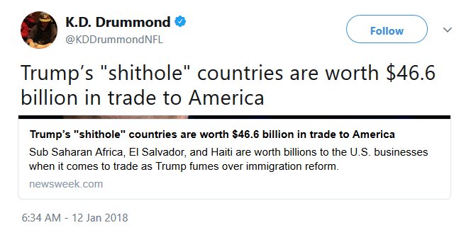 @KDDrummondNFL tweet reading "Trump's 'shithole' countries are worth $46.6 billion in trade to America" and containing a link to a Newsweek article on the subject.