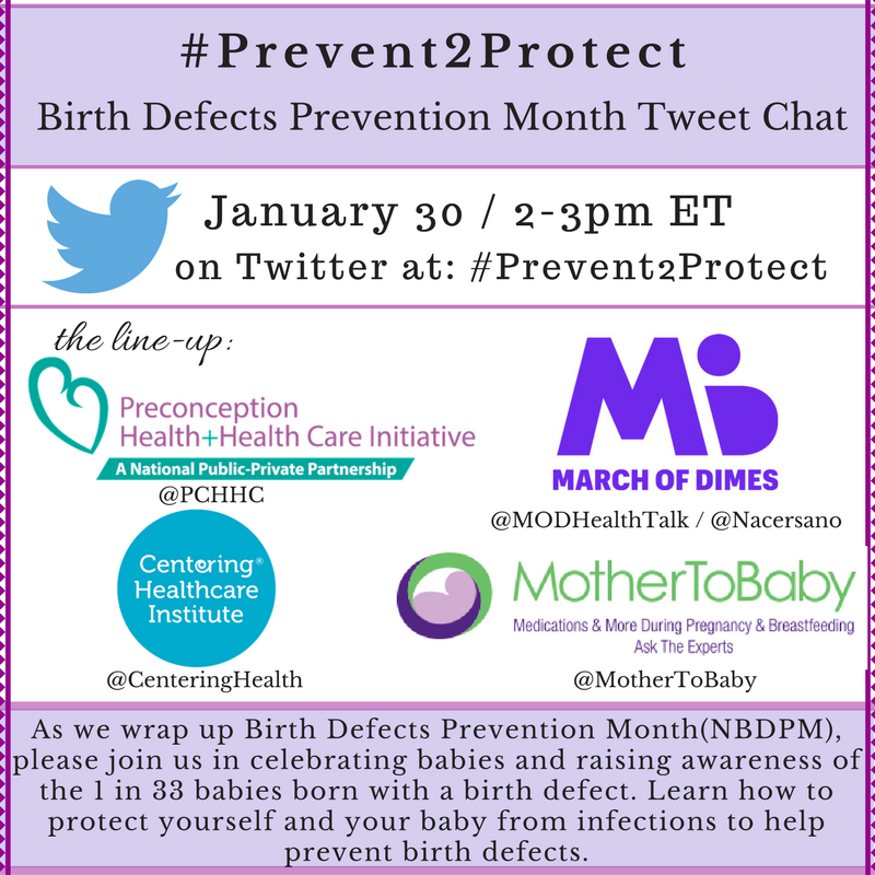 4thTriProject's tweet photo. We know that not all birth defects can be prevented. But, we also know that some can be by reducing the risk of a woman getting an infection during pregnancy. Join the #Prevent2Protect chat on Jan. 30 at 2pm ET w/@MODHealthTalk, @MotherToBaby, &amp; @SYL_Today, hosted by @PCHHC https://t.co/YereHVpVnP