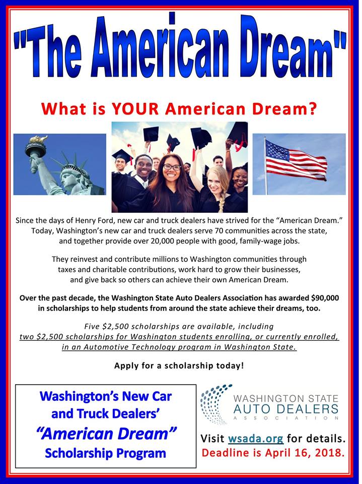 WendleFord's tweet image. A college student can earn $2,500 with the #WSADA #scholarship. We encourage Washington graduating seniors to apply for the scholarship and dream big! Entries are due by April 16, 2018. For details, go to wsada.org/community/scho….