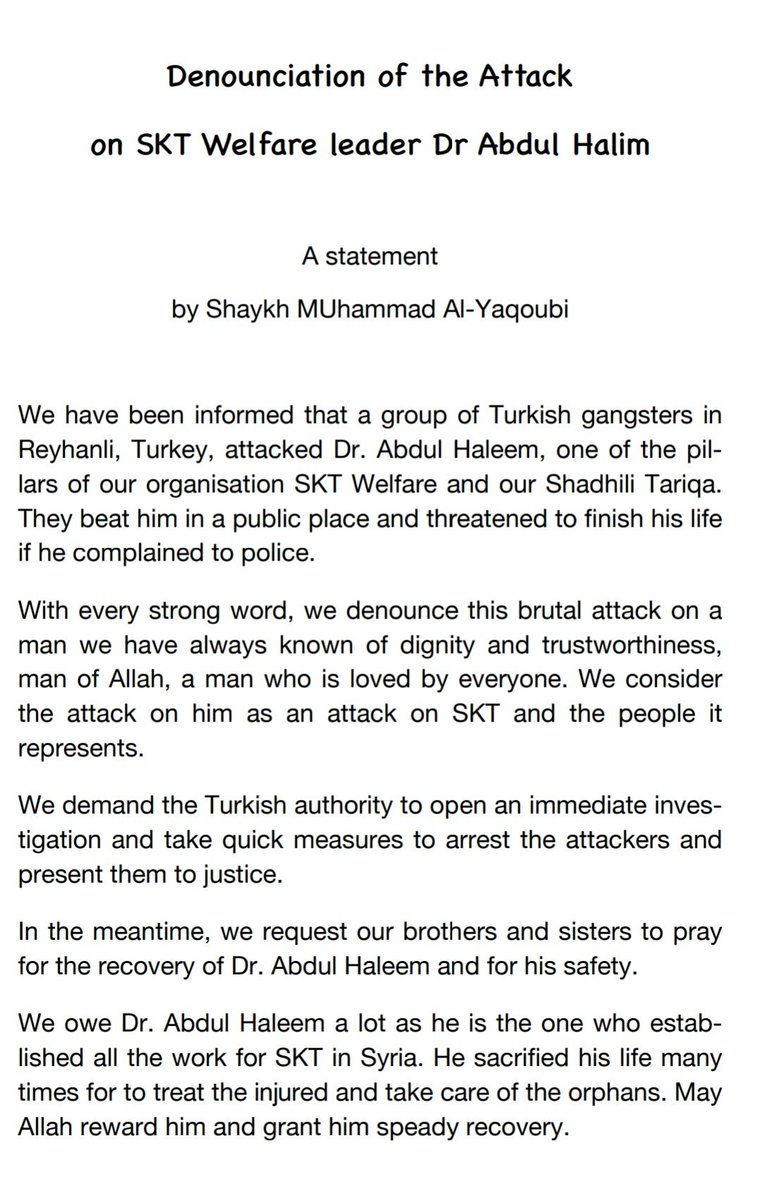 sktwelfare's tweet photo. Denounciation of the Attack on SKT Welfare Leader Dr Abdul Halim.

Please can we ask that you pray for his recovery and that the Turkish government does all it can to catch the perpetrators. 

#SKTWelfare #attack #denouce #TurkishGovernment #reprimand #attackers #Pray
Pls RT https://t.co/VVInh1gqmC