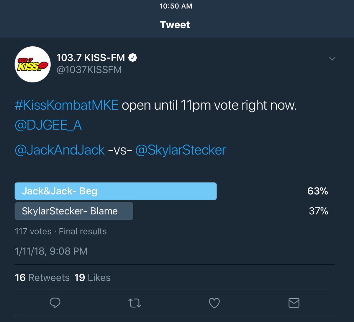 Jack and Jack have been featured on <a href="/1037KISSFM/">103.7 KISS-FM</a>’s #KissKombatMKE for the last 3 nights and won! Make sure you keep an eye on KISS FM’s Twitter to vote for them tonight!
