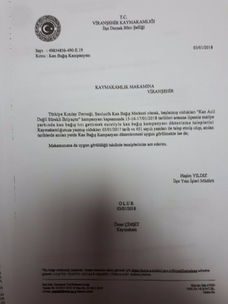Şanlıurfa Kan Bağış Merkezi 15-16-17 Ocak tarihlerinde İlçemizde Kan Bağış Kampanyası düzenleyecektir...
Kan sürekli ihtiyaçtır. Maliye parkında düzenlenecek Kan Bağış Kampanyasına duyarlı tüm Viranşehir halkına duyurulur.