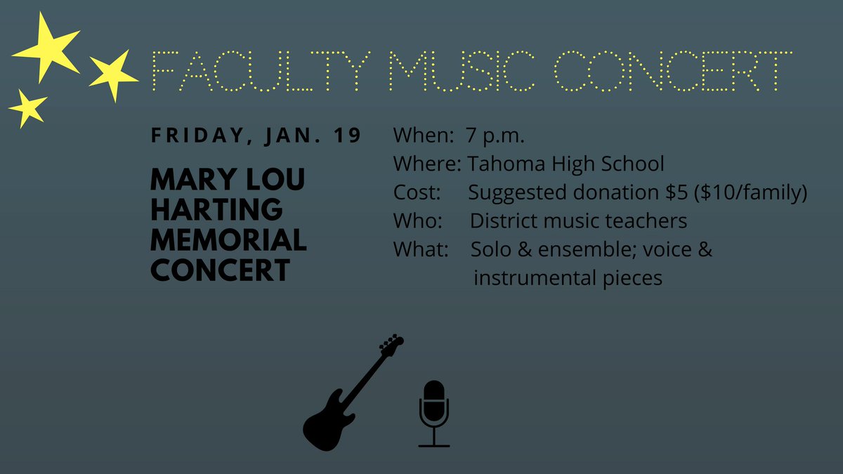 Please join us for the Faculty Music Concert at 7 p.m. Fri, Jan. 19 at #Tahoma High School. District music faculty will sing &amp; play instruments as solo or ensemble performers. Concert benefits the Mary Lou Harding Scholarship, which will go to 2 <a href="/Tahoma2018/">Tahoma Senior High</a> graduates in May.