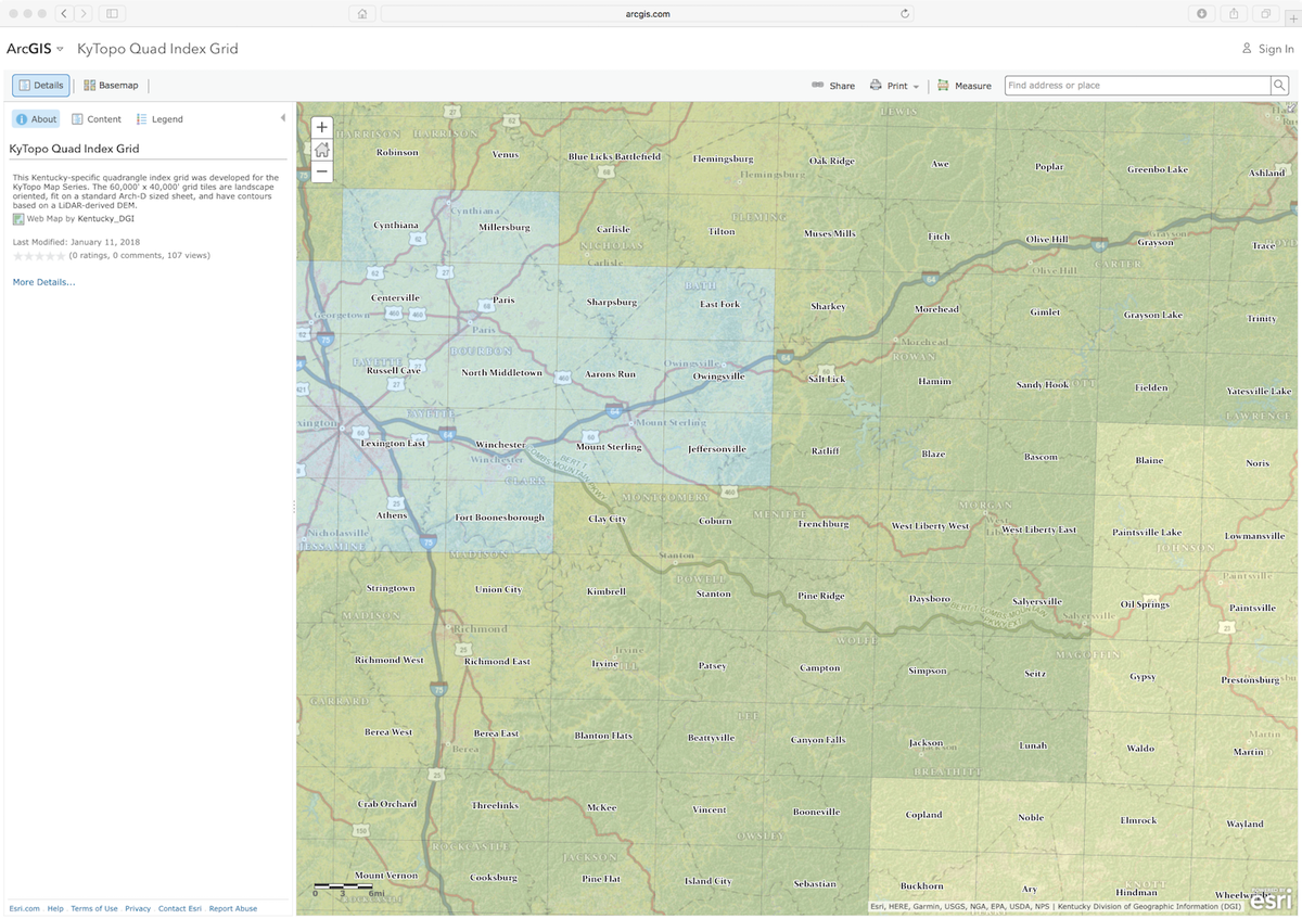 kentuckywr's tweet photo. The new #KyTopo Quad Index Grid is accessible via an @ArcGISOnline webmap at https://t.co/hWZ2hvsGRE Click on a tile to download a draft quadrangle and see the new contours and hillshade created with #Kentucky #LiDAR data. #GIS #kyfromabove #KyGeoNet #KyGeoPortal #mapping https://t.co/7TILSFs7nn