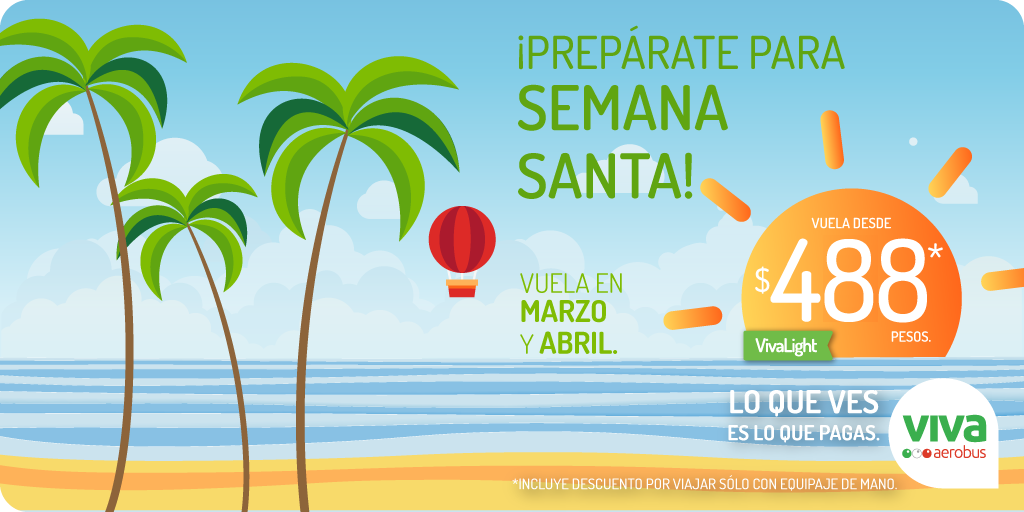 VivaAerobus's tweet photo. RT si vas a preparar tu viaje de #SemanaSanta 🙋‍♀️🙋‍♂️🌴 
 
Vuela en marzo y abril desde $488 pesos en #VivaLight ✈️ 👉 https://t.co/3vOHps8If7 https://t.co/B6aSj7tkii