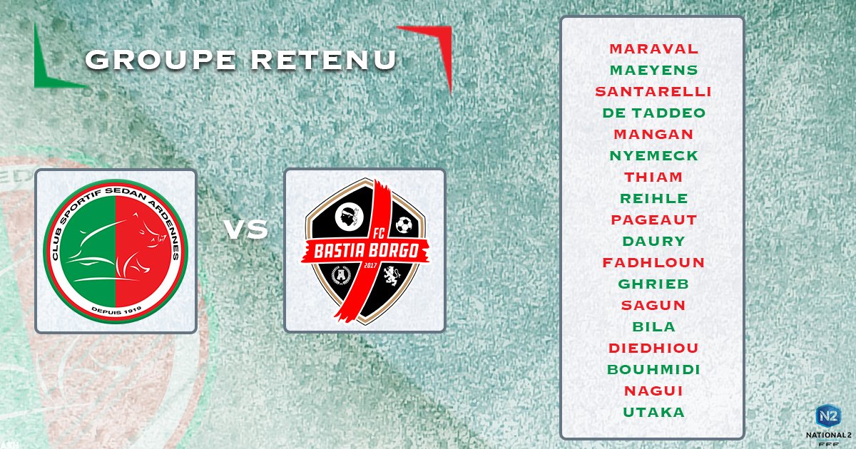 _CSSA's tweet photo. Retrouvez le groupe Sedanais retenu par le coach Nicolas Usaï qui affrontera @fcbastiaborgo demain soir ! 
#AllezSedan #UndiqueRobur https://t.co/ZRqoPdls9v