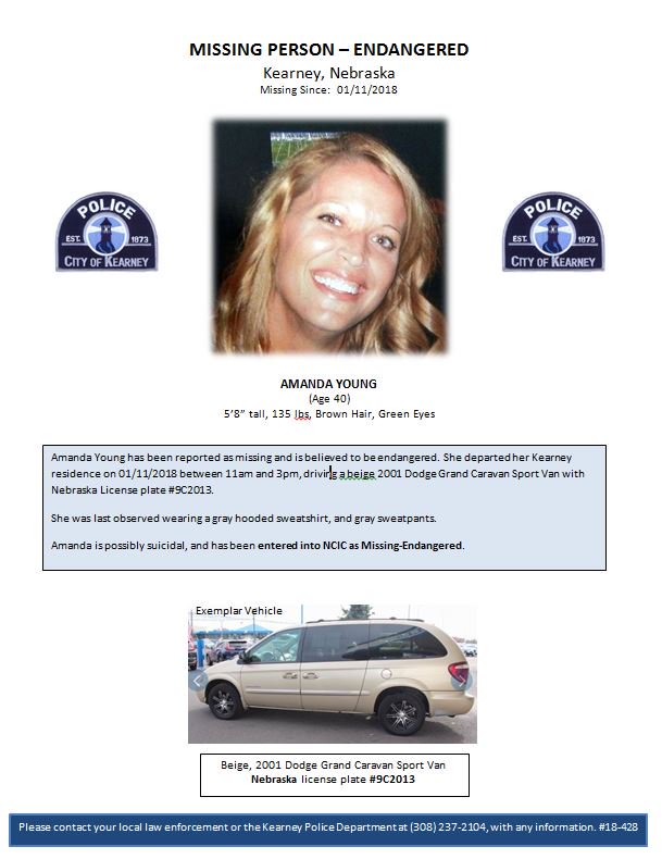 KearneyPolice's tweet photo. MISSING PERSON - KEARNEY  Amanda Young has been reported as missing on 01/11/18 from her Kearney residence driving a beige 2001 Dodge Grand Caravan Sport, Nebraska License #9C2013.  Call your local law enforcement or the @KearneyPolice at (308) 237-2104 with any information. https://t.co/Fdzah3uKPx