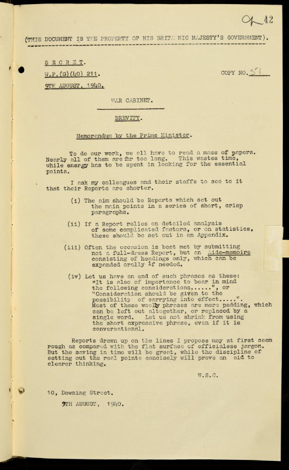 UkNatArchives's tweet image. As #DarkestHour hits cinemas today - we decided to share this memo by Winston #Churchill, from 1940, calling for brevity in written reports. #WW2 socsi.in/U3kbc