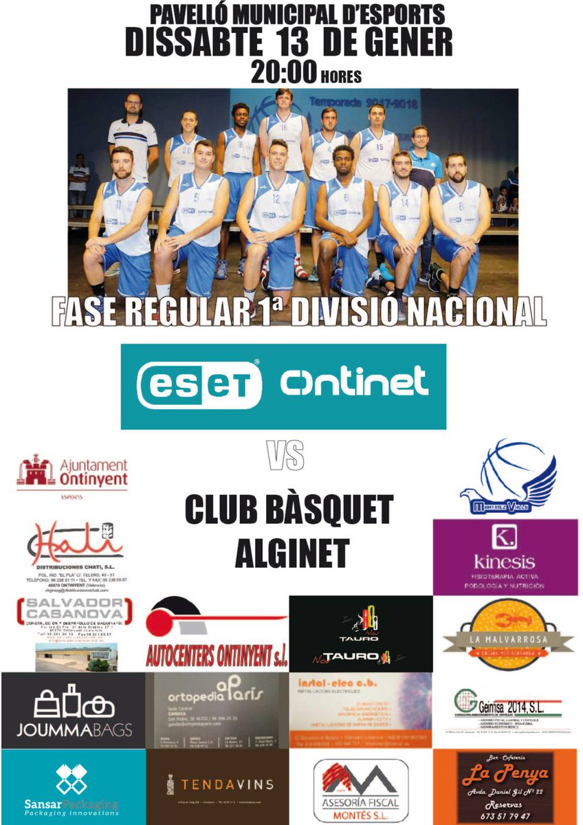 En senior masculí, l‘ ESET ONTINET enceta el 2018, davant el C.B. Alginet, a les 20:00 en el Pavelló del poliesportiu