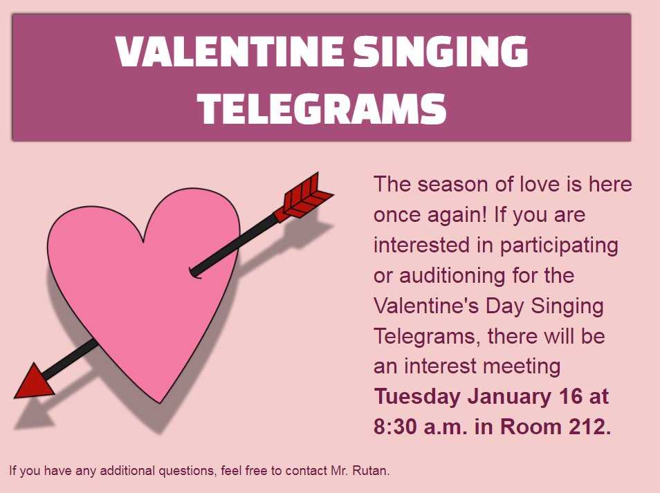 BulldogAnnounce's tweet photo. It's that time again...Valentine Singing Telegrams!  Interest meeting Tuesday January 16 at 8:30 a.m. in Room 212. https://t.co/wsBGtSpey7
