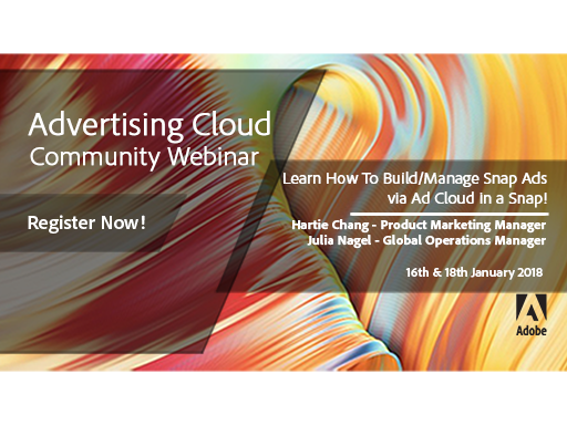 AdobeExpCare's tweet photo. Advertising on Snapchat? Learn the In's and Out's of building #Snapchat campaigns within #Adobe #AdvertisingCloud. Join us on a live training #Webinar ! Register yourself here - https://t.co/XDvoHSVm1b
#OnlineAdvertising #SocialMedia #smm #SocialMediaMarketing #Advertising https://t.co/svTooRiuk8