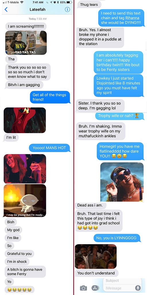 bodycourage's tweet image. CC: @rihanna bruh, it’s my twin-bestie’s birthday today and I got her @fentybeauty for her gift &amp;amp; this text thread has me FLATLINED! @TeefaT1329 you are a clown bruv! Welcome to the #Fenty fold. 🎉🎊🎉 #BestFriendGoals