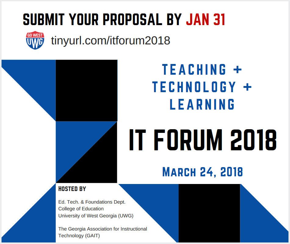 khuett's tweet photo. Got something to share about innovative use of instructional technology to support student learning? Submit your proposal to IT Forum 2018 by Jan 31 https://t.co/YCgVMRUXAd #GeorgiaVirtual #gaedtech #gaedchat #TechTalkGA #byotchat #gavirtual #gaed #gaitconnect #gacis https://t.co/cGUMlToSXR