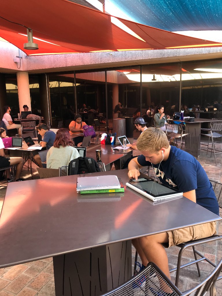 UTSAFutureRR's tweet image. Recently refurbished last year, @UTSA_Libraries 4th floor atrium features new tables, shade sails, LED lighting and solar-powered electrical outlets to provide a relaxed and tech-friendly environment for our students as they study. #UTSA #hotspots #studyeasy