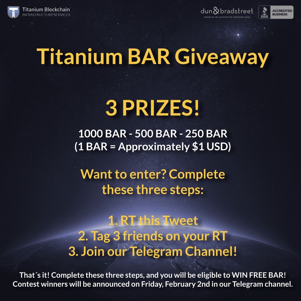 TBISINC's tweet image. Win FREE Titanium BAR tokens! We're giving away BAR to three lucky winners... Enter to Win &amp;amp; Join the Titanium Revolution TODAY! $crypto $btc $ltc $eth $etn $bar #ico #tbis #telegram ow.ly/9KVp30hJq9H