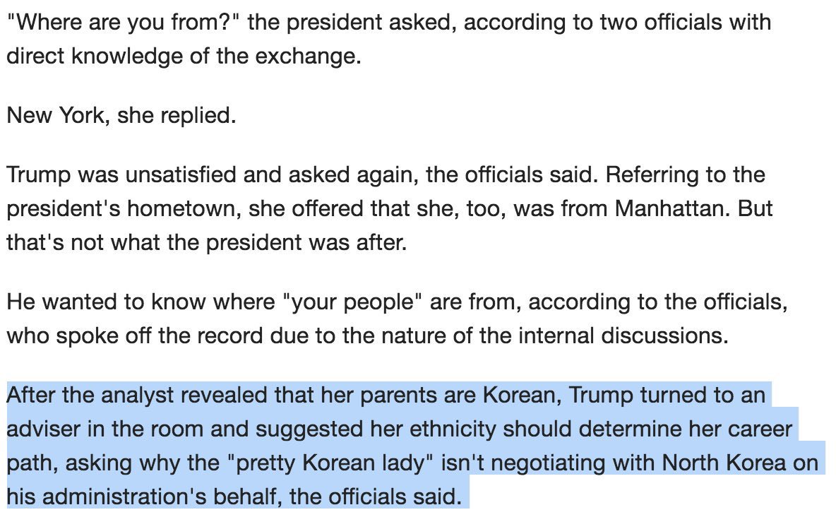originalspin's tweet photo. HOLY FUUUUUUCK. @realDonaldTrump LITERALLY “where are you REALLY from?”-ed a Korean American career intelligence analyst and expert in hostage policy and condescendingly referred to her as a “pretty Korean lady”: https://t.co/vOZPzI3oUC https://t.co/nCuF6d0b7R