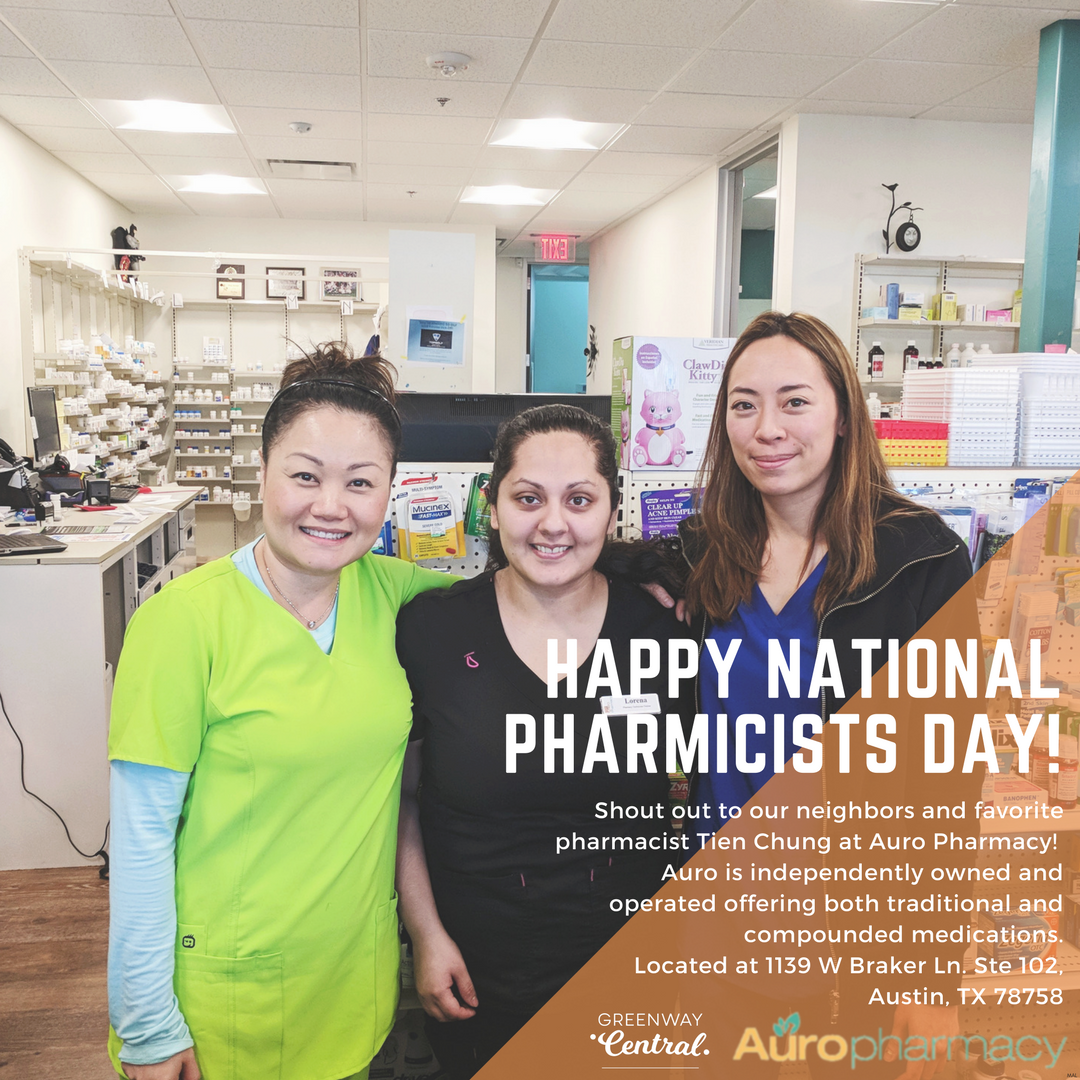 greenwaycentral's tweet photo. Today is #NationalPharmacistsDay and we're celebrating w/ a shoutout to our favorite pharmacist &amp; suite neighbor #AuroPharmacy! Independently owned &amp; operated by Tien Chung. 
"Our focus is on our patients and their specific needs."
#shopsmall #shoplocal #community #coworking #ATX https://t.co/qYr35wMG2I