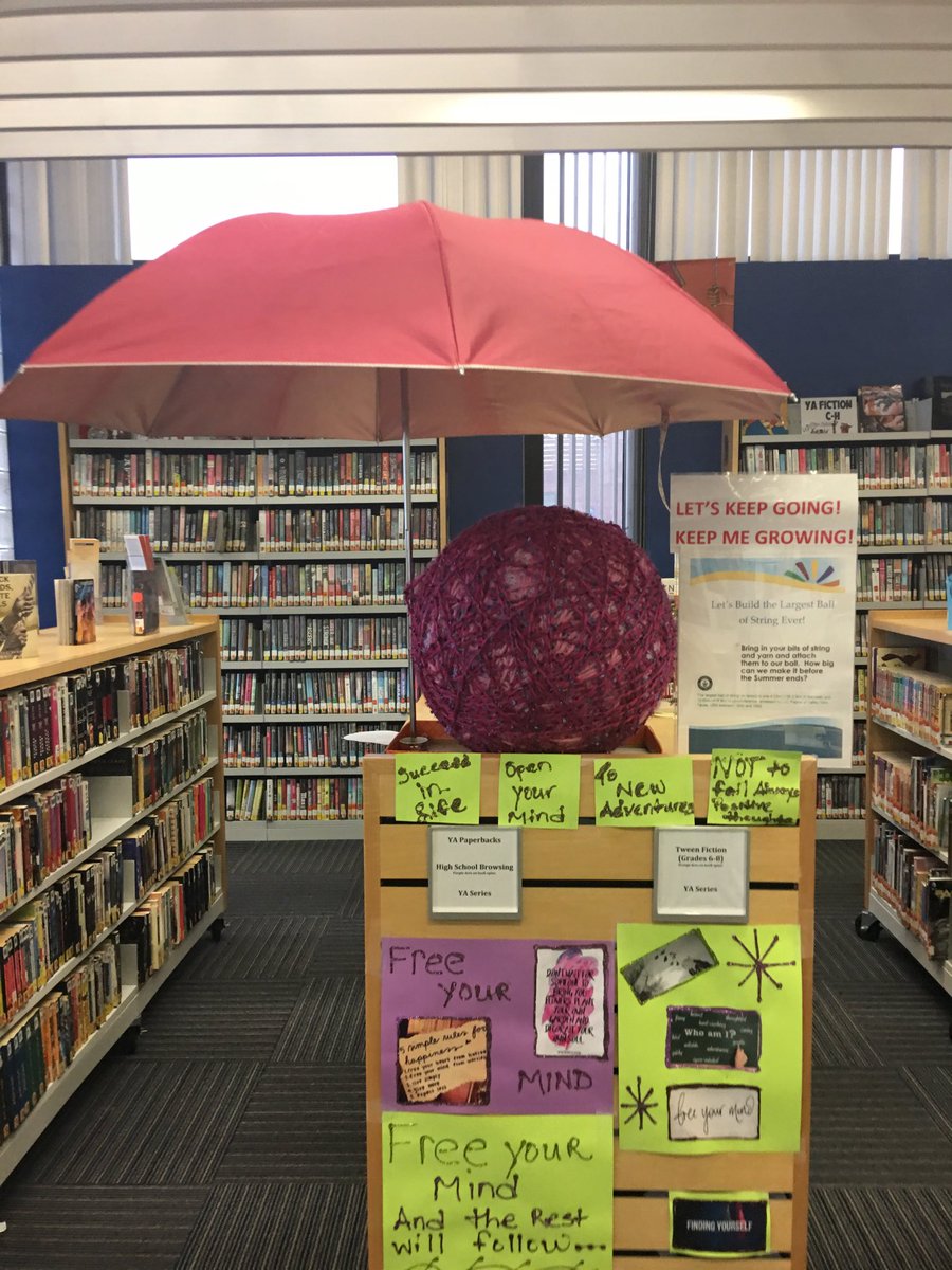 RoseannPodias's tweet photo. Come in out of the rain and roll the Teen Space yarn ball!  Grab a rainy day read too. @UPL_Library https://t.co/F6gcRQlBRm