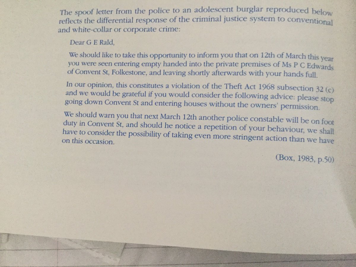 SociologyJohnP's tweet photo. An excellent spoof letter by Box that brings out the different approach of the authorities to white collar / corporate crime and street crime. https://t.co/v2rxTIsICL
