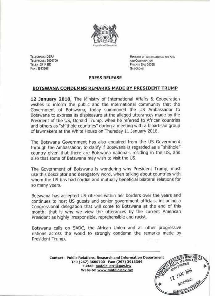 TokSode's tweet image. At least #Botswana won't stand for such insults from #RacistInChief #Trump 

More #African leaders need to do the same. #AfricaUnite