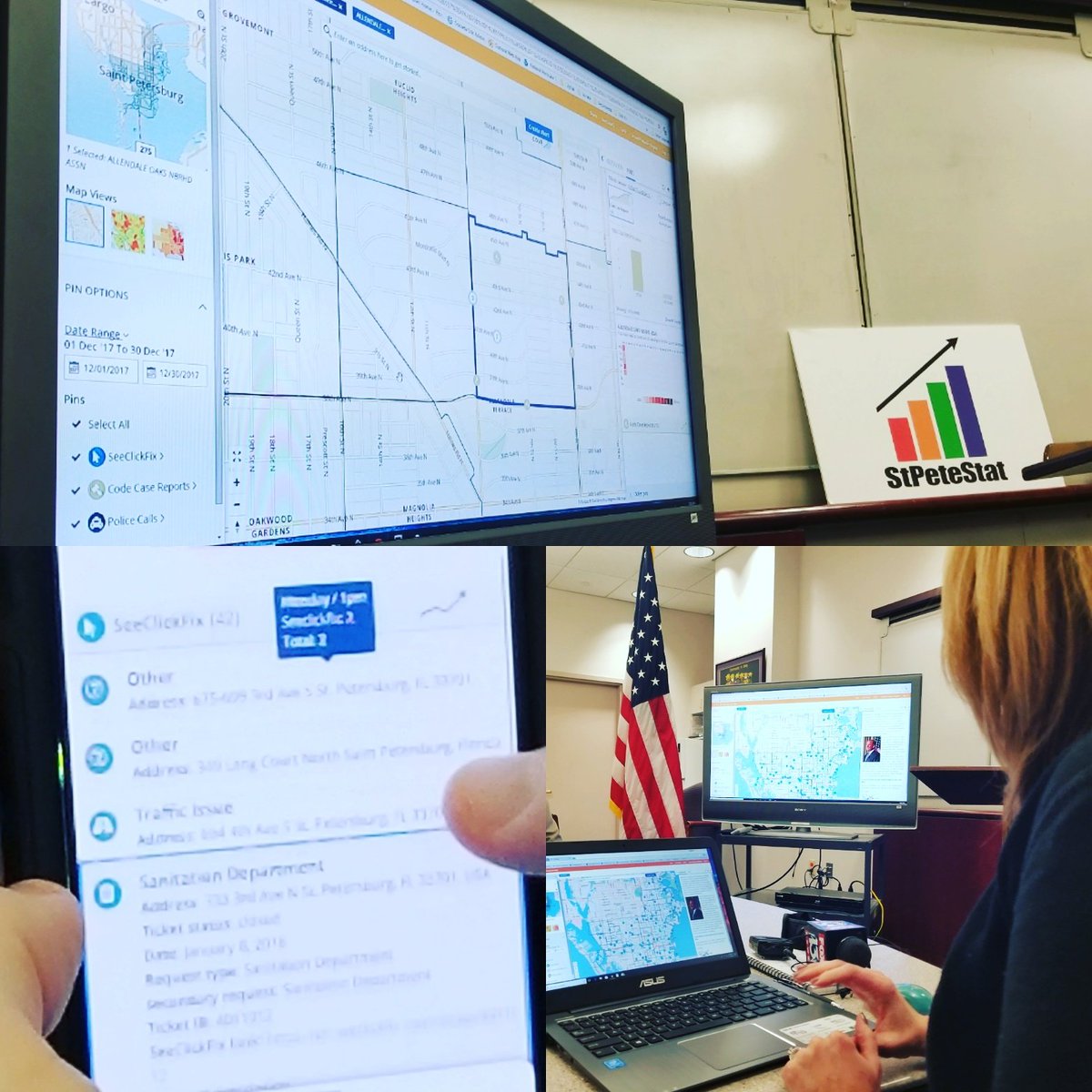 benjaminjkirby's tweet photo. With #StPete Mayor @Kriseman @StPetePD @StPeteFR and @StPeteFL leaders unveiling #StPeteStat and StatMap, an interactive tool for citizens to look at police calls, @SeeClickFix submissions, and code enforcement calls. #SunShineHere #DataDrivenResults https://t.co/fTcmy3xvkc