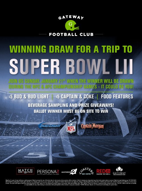 MatchPubLangley's tweet photo. Join us Sunday, January 21 when the winner will be drawn during the NFC &amp; AFC Championship games – it could be you! #SuperBowlLII https://t.co/j2SIEjxrMZ