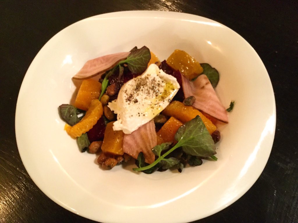 Treat yourself tonight to a decadent roasted beet salad including burrata, candied pistachios, watercress, citrus vinaigrette. ✨#TGIF