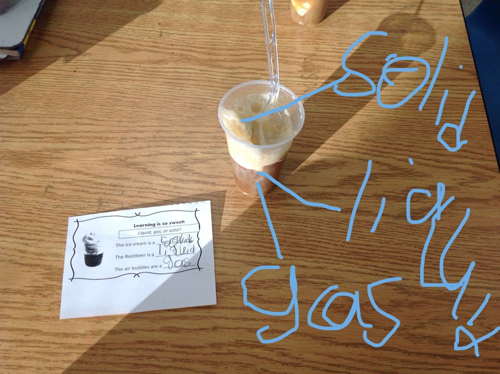 MissGoodwin2G's tweet photo. Studying the states of matter (liquids, solids, and gases) with rootbeer floats.  Students use @Seesaw to label each state of matter and showcase their work!  #washpride https://t.co/X8QO0y0JaC