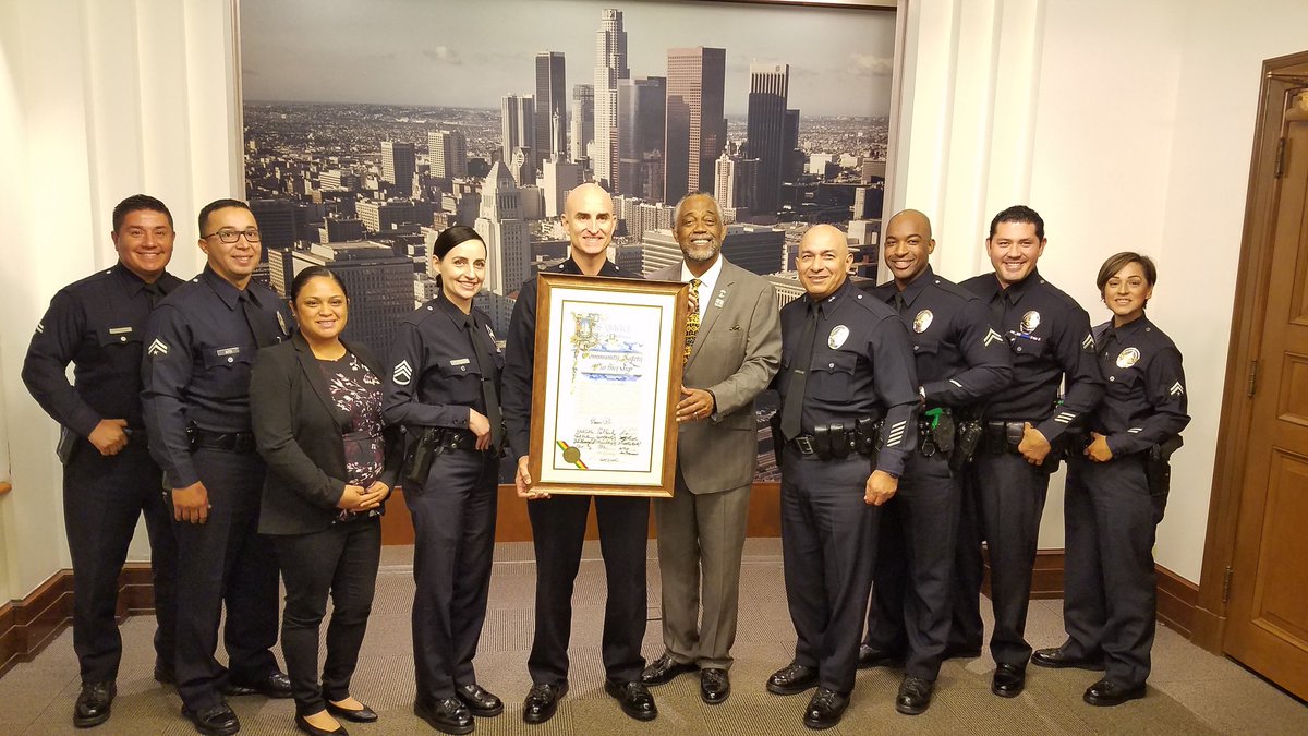 LAPDHQ's tweet photo. Earlier today L.A. City Council recognized @LAPDNewtonCSP for their unparalleled community outreach efforts within the Pueblo del Rio Housing Development. Their leadership &amp; compassion are instrumental in helping grow our communities and developing our youth. https://t.co/De5dEGlmiq