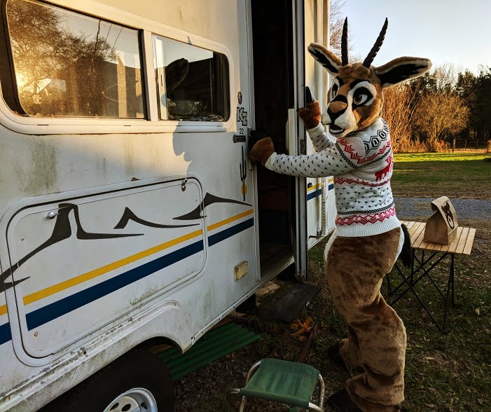 PronkingAround's tweet photo. If you could bring me a snack, I will be in the camper.. napping.  🚐💤😏
#FursuitFriday #PocketCamp

📷: @coyroko https://t.co/YgGVSqjrj5