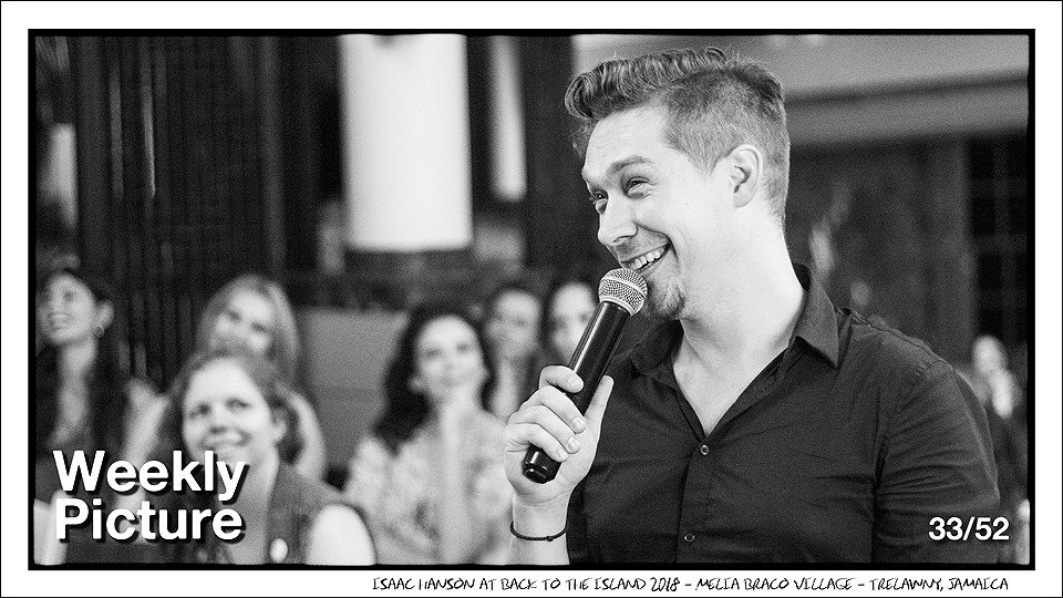 hansonmusic's tweet photo. @isaachanson channels Steve Harvey, playing host during the "Island Games Family Feud" at Back To The Island 2018. https://t.co/x3K8zfIhuD