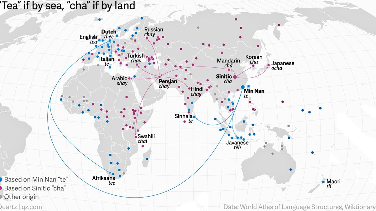 If tea spread to your country by sea, you call it ‘tea’. If by land, you call it chai.
(*This is because the ports of Fujian and Taiwan use the coastal pronunciation ‘te’, whereas Mandarin uses chá.)