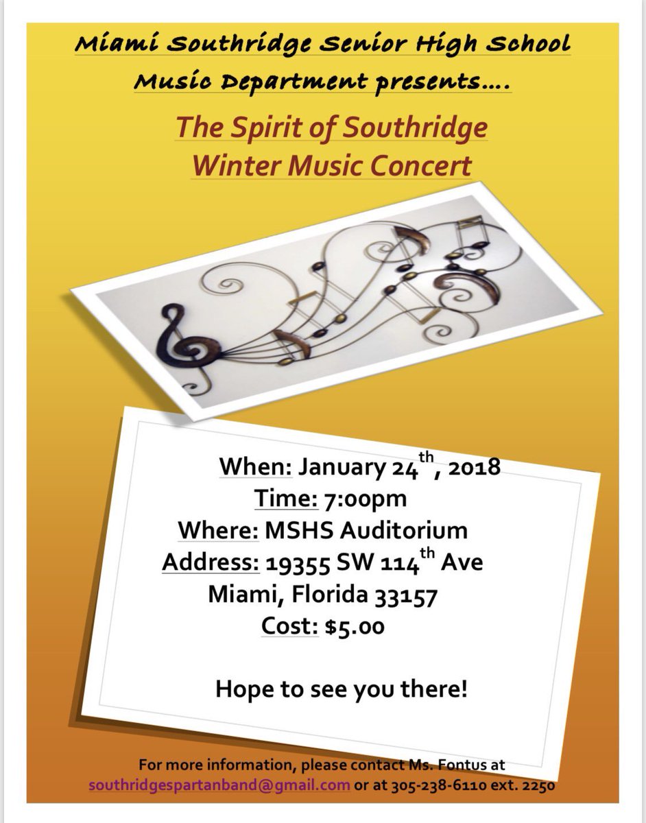 RidgeActivities's tweet photo. The Spirit of Southridge Spartan Music Department will have it’s annual Winter Music Showcase on Wednesday, January 24th, 2018 at 7pm. Tickets are $5.00. Hope to see you there!!!! @southridge_band @miamisouthridgeshs @gospartans #musicexpansion #bandlife https://t.co/eHFMygRaZH