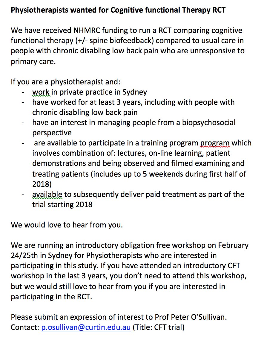 PeteOSullivanPT's tweet photo. If you are a PHYSIO working in PRIVATE PRACTICE in SYDNEY and are committed to applying BIO-PSYCHO-SOCIAL approach to care for people with disabling LBP then check this out........if not ignore this....@kieranosull https://t.co/mjbFnSLH45