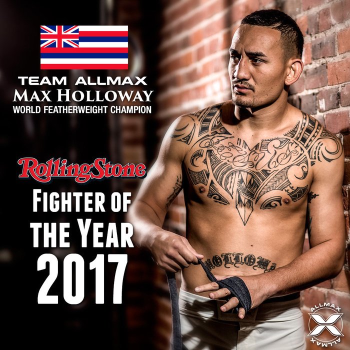 ALLMAX's tweet photo. Congrats to #TeamALLMAX athlete and #MMAfighter Max Holloway @BlessedMMA. He has earned the most wins and finishes in #UFCfeatherweight history and has been named Fighter of the Year in 2017 from @RollingStone. 
#blessedera #therealchamp #UFC https://t.co/7H3TYHIywj
