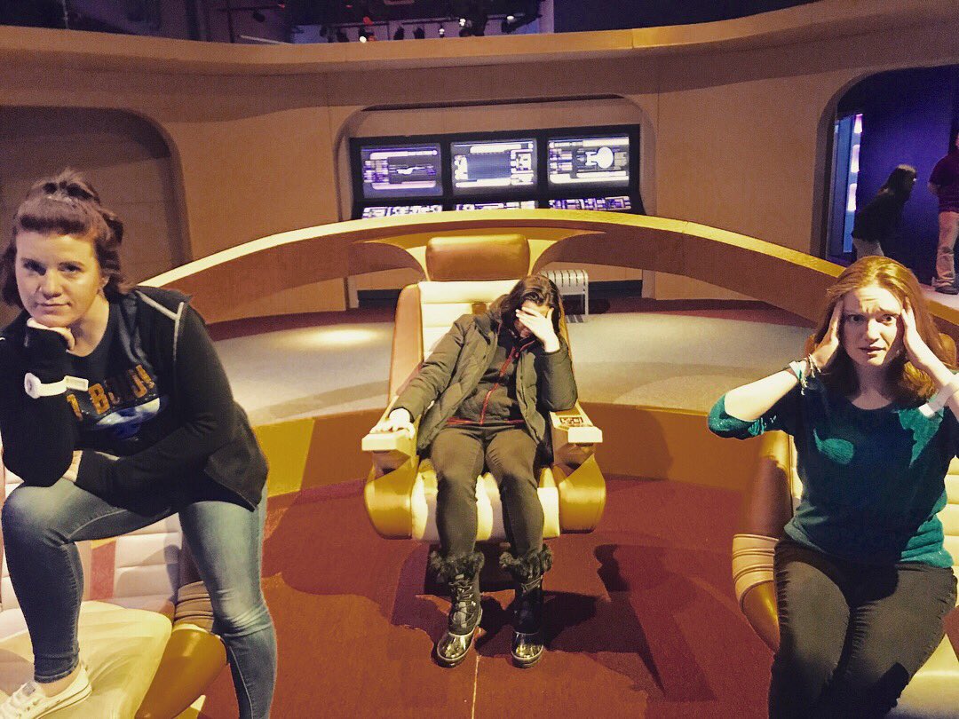 caitlyn_colgan's tweet photo. We went to the planetarium today and there was a Star Trek exhibit sooo obviously this happened. #startrek #nerdsinspace @jonathansfrakes @Marina_Sirtis @SirPatStew https://t.co/qMgYDnEKEN
