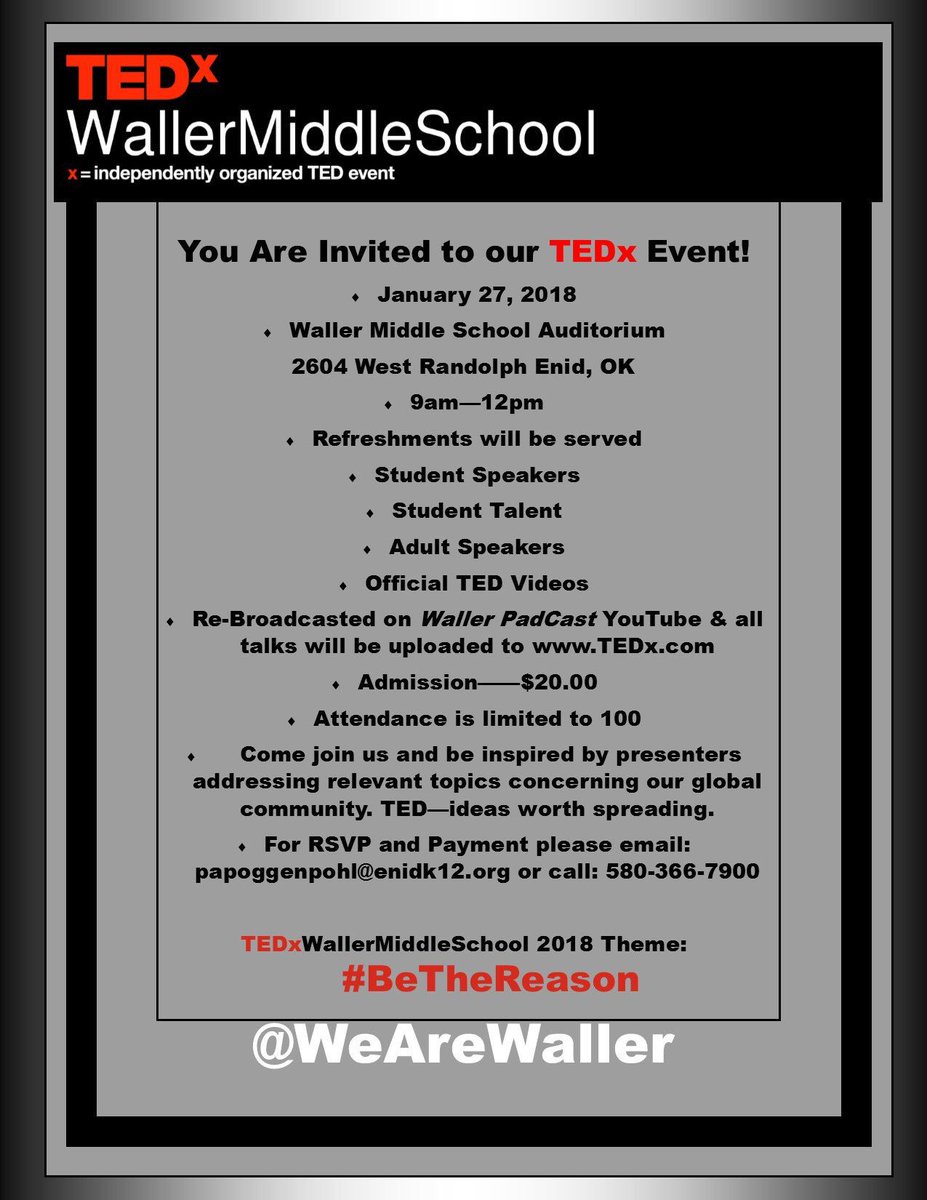 WeAreWallerLib's tweet photo. Our third #TEDxWallerMiddleSchool is happening on January 27, 2018! @WeAreWaller @EnidSchools @EnidChamber @LMSMustangs @EnidHighSTUCO @nancyglover15 @assortedsoup @mrsamberfitz @jaherbel @suptdgfloyd https://t.co/RUvUAUqkvC